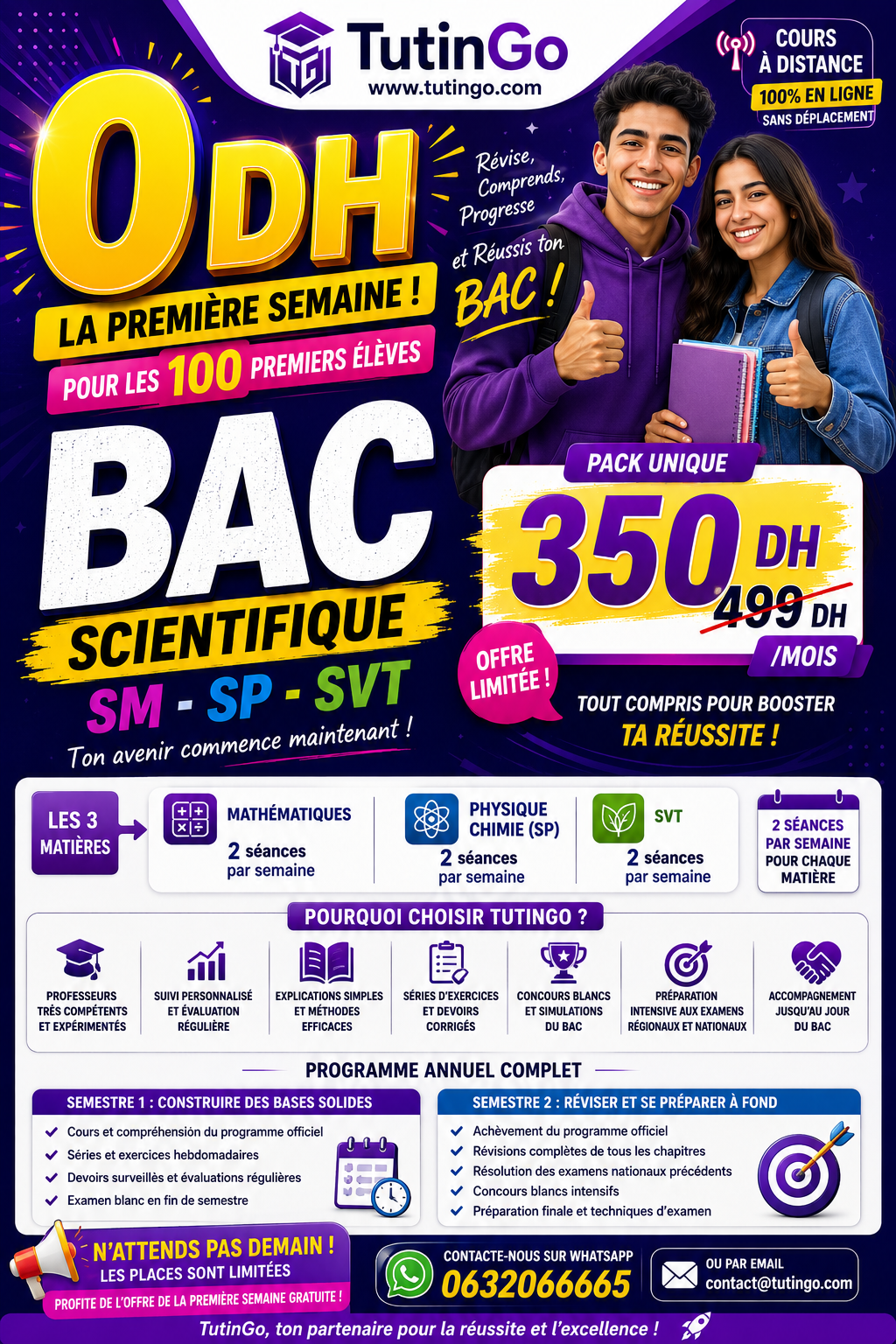 Offre TutinGo : Bac Scientifique SM SP SVT, pack unique 350 DH par mois